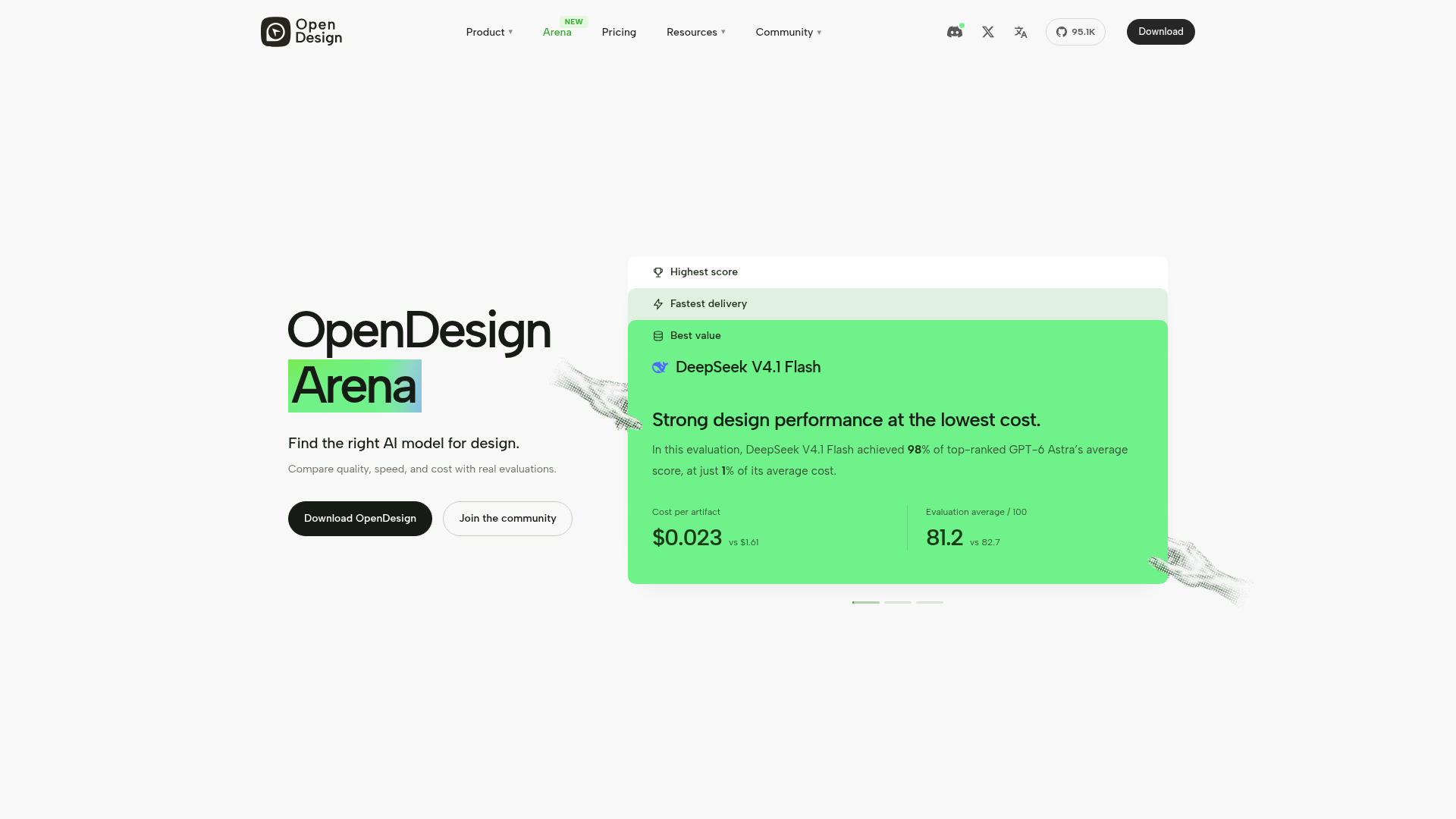 OpenDesign Arena landing page performance evaluation card